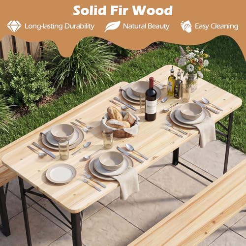 Tangkula 3 Piece Folding Picnic Table with 2 Benches, Foldable Wood Picnic Table Bench Set with Heavy-Duty Metal Frame for 4, Space-Saving Outside Table and Bench Set for Backyard, Patio, Garden