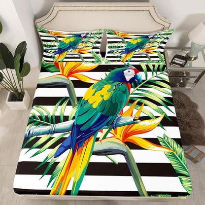 Erosebridal Tropical Tree Fitted Sheet Queen,Black White Stripe Bedding Set Green Plant Palm Leaves Bed Cover Bird Parrot Animal Bed Sheet Set,Botanical Yellow Floral Bedding with 2 Pillow Shams - color: Leaf 06, size: Queen(60"x80")