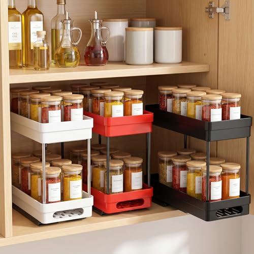 3 Pack Pull Out Spice Rack Organizer for Cabinet, Slide Out Spice Racks Organizer, Spice Cabinet Organizers, Cabinet Size Need:12'' Highx11'' Deepx5'' Wide,Each Tier Hold 10 Spice Jar- 2 Tier,3 Colors - color: Black-White-Red, size: 3 Pack