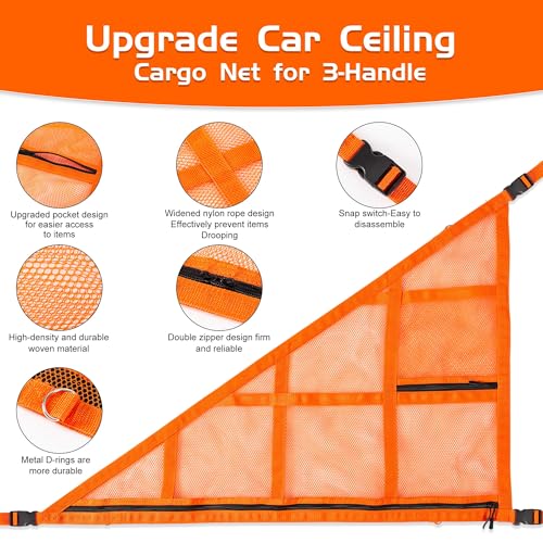 3 Handles Car Ceiling Cargo Net for Inside Car Roof,Interior Mesh Storage,Truck SUV Travel Long Road Trip Camping Interior Accessories 35.4"x25.6",Orange - size: 35.4"x25.6"