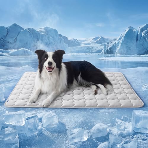 Bedsure Cooling Dog Mat Extra Large, Q-Max>0.5 XL Thin Breathable Cold Crate Pad for Pet, Portable Washable Kennel Bed for Summer Active Dog with Chill Soothing Fabric to Rapid Cooling, 41x28, Grey - color: Pearl Grey, size: 41" x 28" (XL-Crate)