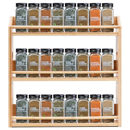 Bamboo Spice Rack Organizer, 3 Tier Spice Storage Rack with Handles, Wood Seasoning Jars Shelf for Kitchen Counter, Pantry or Wall Mounting