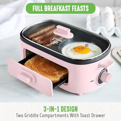 GreenLife 3-in-1 Breakfast Maker Station, Healthy Ceramic Nonstick Dual Griddles for Eggs Meat Sausage Bacon Pancakes and Breakfast Sandwiches, 2 Slice Toast Drawer, Easy-to-use Timer, Pink - color: Pink