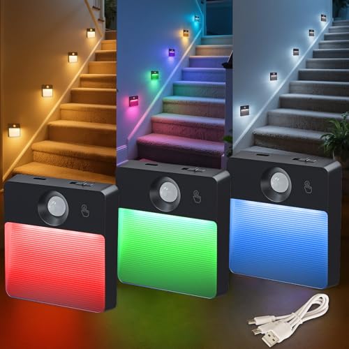 Guankai 3 Pack Motion Sensor Stair Light for Indoor, Rechargeable Battery Operated Night Lights, RGBW Stick On Closet Lamp, Motion Activated Magnetic Lighting Lamps for Step, Cabinet,Hallway,Bathroom - color: Black, size: 3 Pack