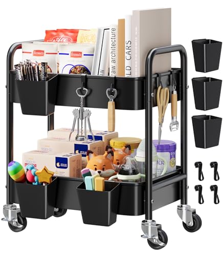 2 Tier Small Rolling Cart Metal with Wheels, Black Under Desk Storage Carts on Wheels, Short Utility Roller Shelf Trolley Organizer for Pantry, Kitchen, Office, Two Tiered Mobile Side Table, 22in Tall - color: Matte Black, size: 2 Tier + Cups + Hooks