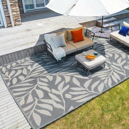 wikiwiki 9x18ft Outdoor Rug, Reversible Plastic Patio Rug Waterproof, Indoor Outdoor Carpet Clearance, Large Area Carpet for Patio Deck Balcony Pool RV Camping Beach Picnic, Grey Big Leaves - color: Grey, size: 18' x 9' (Rectangular)