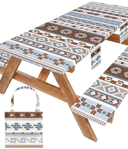 Fitted Picnic Table Cover with Bench Covers Fitted Rectangle Table Cloth Tablecloth Camping Gear Essentials Rv Accessories Road Trip Supplies Car Travel Must Have 8 Ft Foot Feet 96in Boho Bohemian - color: Blue Brown Boho, size: 96in