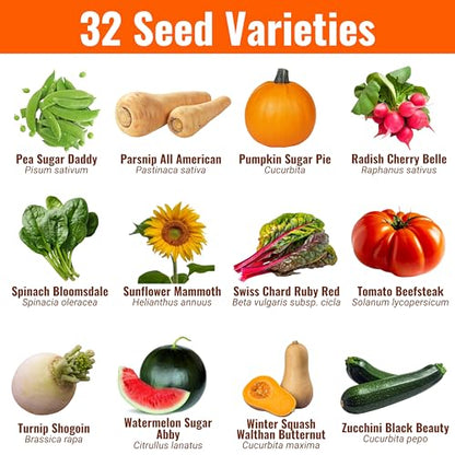 Vegetable & Fruit Seeds | 32 Individual Packs | 2026 Season | Non-GMO, High Yield - 15,000+ Seeds | Tomato, Cucumber, Zucchini, Bell Pepper and More | for Indoor & Outdoor Garden Planting