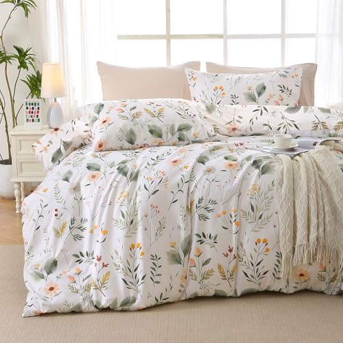 MUXHOMO Garden Leaves Full Comforter Set, Elegant Floral Print Bed in a Bag 7 Pieces, Ultra Soft & Breathable Reversible Botanical Pattern Bedding Set with Comforter, Sheets, Pillowcases, and Shams - color: Garden Leaves White, size: Full(82"x86")