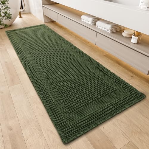 AMOAMI Waffle Bath-Mat, Absorbent Bath Mats for Bathroom Non Slip, Machine Washable Bathroom Rugs with Tassels Ultra Soft Boho Bath Rugs for Floor 2'x6'(24"x72") Dark Green - color: Dark Green, size: 24"x72"