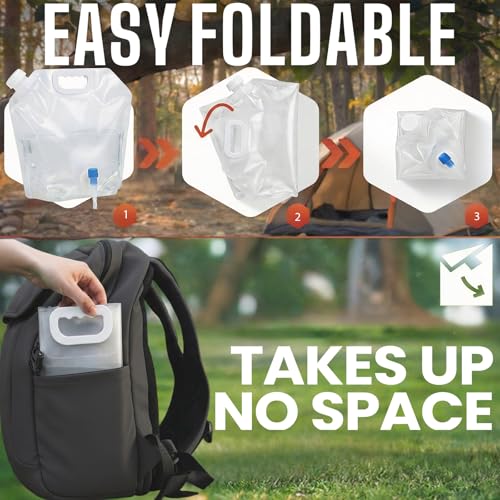 6 Pack 1.3 Gal (5L) Collapsible Water Containers with Spigot & Top Fill Cap, Dual Opening BPA Free PE Water Jug, Leak-Proof Storage Bag for Camping, Hiking and Outdoor Use, Portable & Foldable