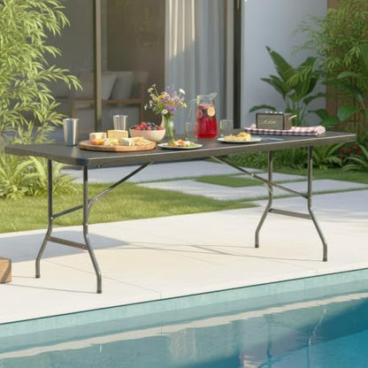 FDW 6FT Folding Table, Portable Fold-in-Half Plastic Picnic Party Table with Carrying Handle （Black Ratten, 6FT） - color: Black Ratten, size: 6 FT 70"x29"