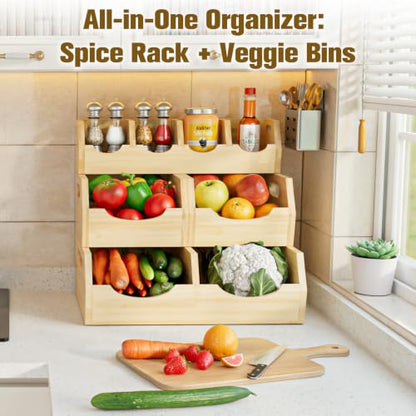 3-Tier Bamboo Storage Bins, Modular Potato & Onion w/ Spices | 4-pc bamboo set: 1 spice tray, 3 veggie baskets. Ventilated. Great for counters, bathrooms, living rooms.