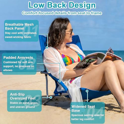 Romswi 2 Pack Lightweight Low Beach Chairs with Breathable Mesh Back, 6LBS Folding Portable Sand Chairs with Cup Holder, Heavy Duty 300lbs Capacity for Camping & Outdoor Use, Blue - color: Blue - Low Back