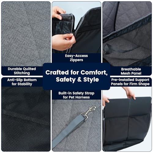 Front Seat Dog Car Seat for Small/Medium Dogs with Door Protection – Full Coverage Waterproof Pet Booster Seat with Mesh Window, Zippered Side Flaps, Safety Buckle, Grey Linen Fabric