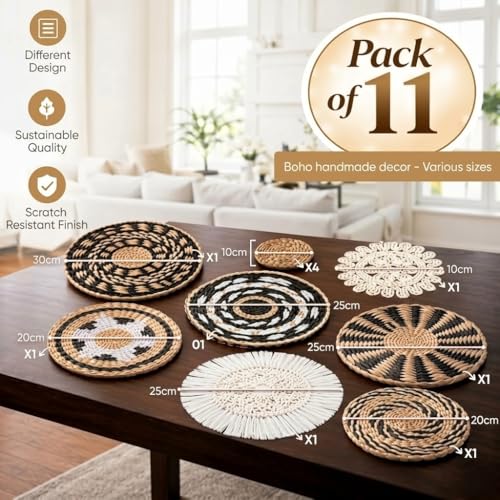 11-Piece (Retro) Boho Wall Basket Decor – Handmade Woven Wall Baskets, Bohemian Farmhouse Wall Art, Rustic Hanging Basket Set for Living Room, Bedroom & Kitchen Summer decoration - style: Retro