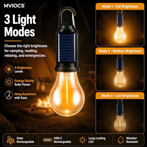 4 Pack Led Camping Lantern Solar Rechargeable,Outdoor Tent Lights for Camping Essentials, Hanging Light Bulbs with Clip Hook Camping Flashlight