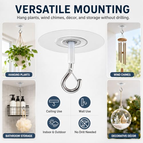 Adhesive Ceiling Hooks with Safety Clasp, Stick-On Wall Hooks for Plants, Wind Chimes, Home Storage and Bathroom Decor