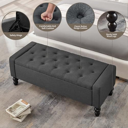 50" W Storage Ottoman Bench with Safety Hinge, Load up to 660 lb Ottoman with Storage, Upholstered Tufted Entryway Bench with Seating for Living Room, Bedroom, Entryway, Dark Gray - color: Dark Gray