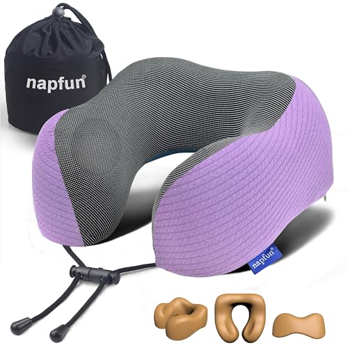 napfun Neck Pillow for Traveling, Upgraded Travel Neck Pillow for Airplane 100% Pure Memory Foam Travel Pillow for Flight Headrest Sleep, Portable Plane Accessories, Light Purple - color: Light Purple