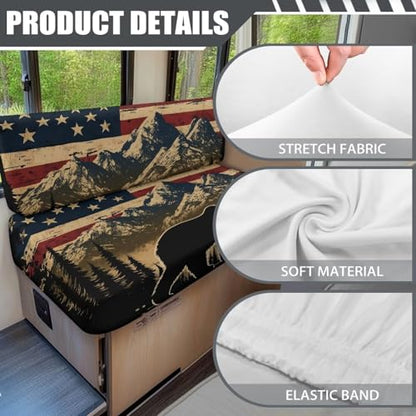 RV Dinette Cushion Covers - Stretch RV Bench Seat Protector with American Flag Mountain Bear, Anti-Slip Sofa Slipcover for Camper, Dogs & Travel Trailers (1 Backrest + 1 Seat) - color: American Flag Mountain Bear