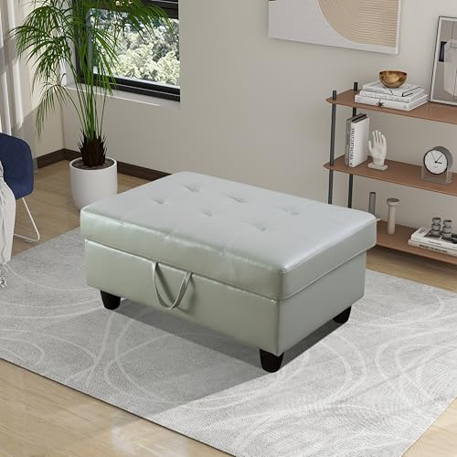 Ottoman, Faux Leather Storage Ottoman Bench, Modern 33.5" Large Square Entryway Bench Ottoman with Storage for Living Room/Apartment/Bedroom/Rv Car,Silver Green - color: Silver Green, size: 33.5 inch