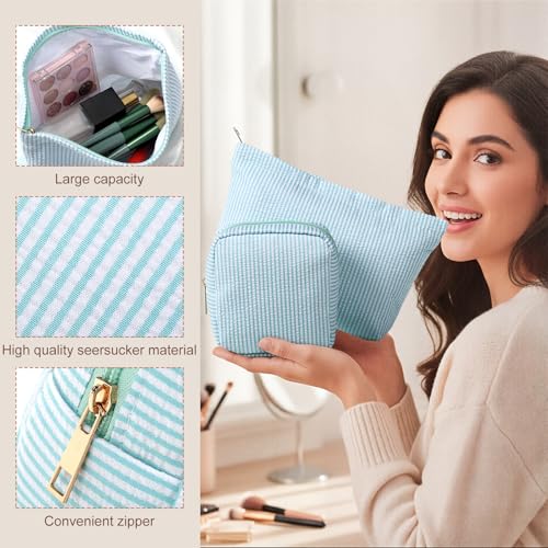 Sanwuta 4 Pcs Seersucker Pouch Cosmetic Bag Set Seersucker Makeup Bag Women Stripe Large Travel Toiletry Organizer Aesthetic Preppy Storage for Embroidery Women Bridesmaid Gifts(Light Blue) - color: Acid Blue