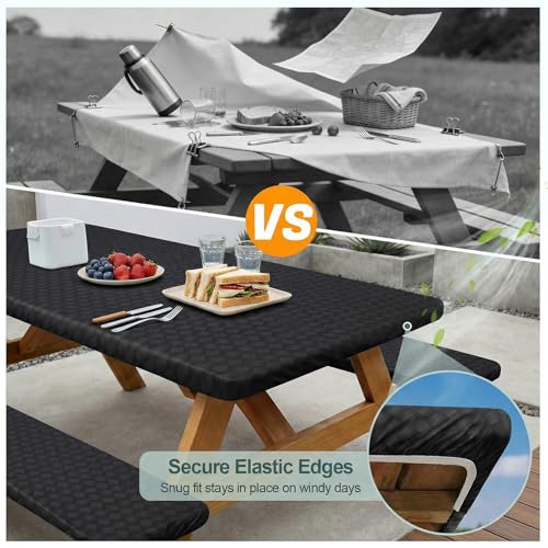 Picnic Table Cover with Bench Covers Camping Essentials Waterproof Windproof Camping Tablecloth with Drawstring Bag, Fitted Rectangle Tables and Seats, 96in, Black - color: Black, size: 96in