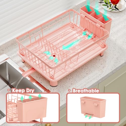 GAOKASE Dish Drying Rack, Stainless Steel-Dish Rack, Dish Racks for Kitchen Counter, Kitchen Dish Drainers with Removable Utensil Holder,New Drain Outlet,Plate Rack and Drainboard,(Pink-11 W x 15" L) - color: Pink
