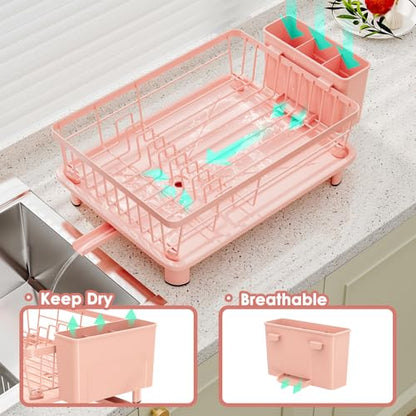 GAOKASE Dish Drying Rack, Stainless Steel-Dish Rack, Dish Racks for Kitchen Counter, Kitchen Dish Drainers with Removable Utensil Holder,New Drain Outlet,Plate Rack and Drainboard,(Pink-11 W x 15" L) - color: Pink