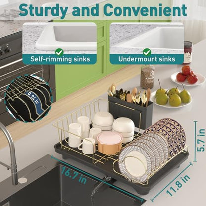 Buruis Dish Drying Rack for Kitchen Countertop, Large Capacity Gold Stainless Steel Dish Drainer with Anti-Slip Rubber Feet, Removable Drain Board and Utensil Holder (Black Tray) - color: Black Drainer