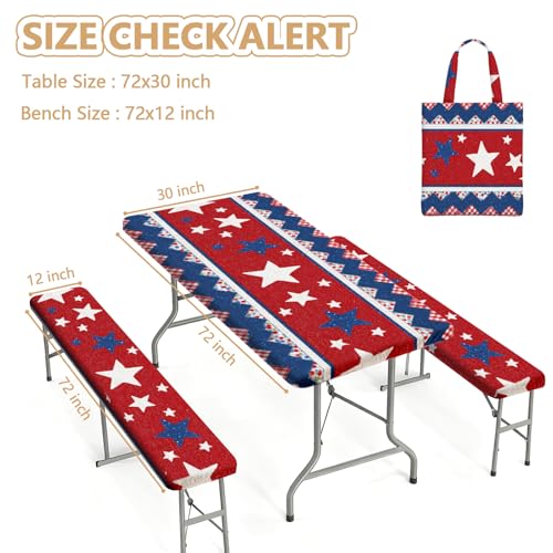 Picnic Table Cover with Bench Covers Elastic Edges, Outdoor Patio Camping Essentials 72 Inch 3PCS, Waterproof Camping Fitted Tablecloth with Handbags (Red White Blue Star Stripe) - color: American Elements, size: 72" x 30" (Rectangular)