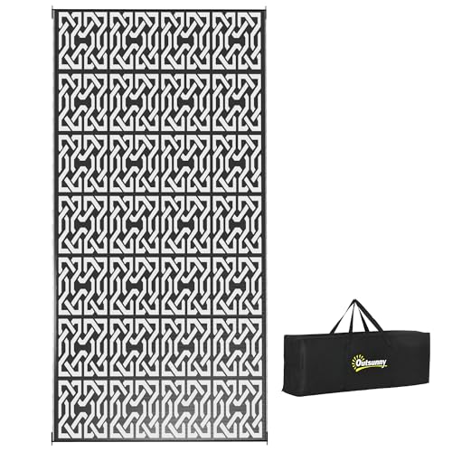 Outsunny Outdoor Rug for Patio, 9' x 18' Waterproof Large Mat, Reversible Plastic Straw Rug for Decor, Portable Outside RV Camping Area Carpet Mat for Backyard Porch Deck Picnic, Black & White Chain - color: Black and White Chain, size: 8'11" x 17'11" (Re