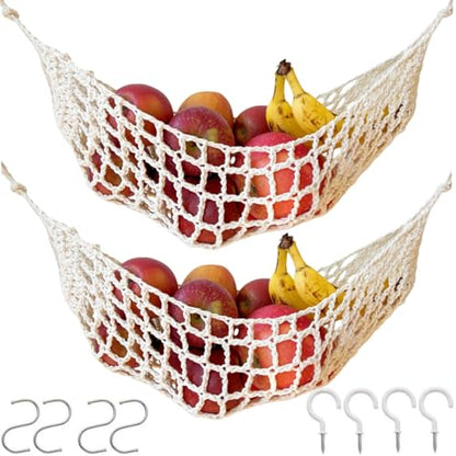 2-Pack Hanging Fruit Hammock with Hooks - Macrame Under Cabinet Veggie Banana Basket, Hand-Woven Boho Fruit Holder, Save Counter Space for Kitchen Home RV Boat (Ivory) - color: Ivory