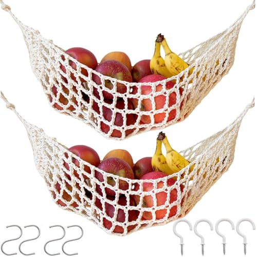 2-Pack Hanging Fruit Hammock with Hooks - Macrame Under Cabinet Veggie Banana Basket, Hand-Woven Boho Fruit Holder, Save Counter Space for Kitchen Home RV Boat (Ivory) - color: Ivory