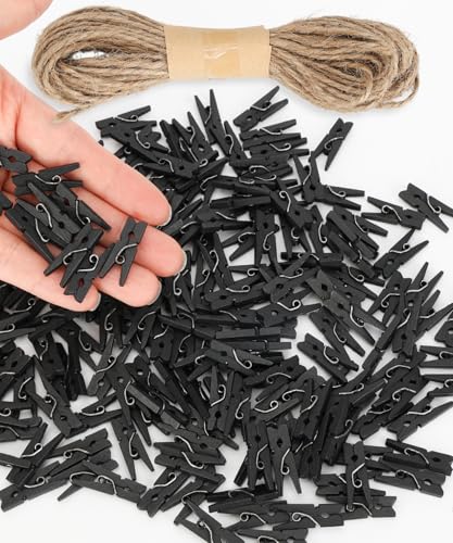 Mr. Pen- Mini Wooden Clothes Pins for Photo, 1 Inch, 200 Pack | Black Small Clothespins with 10 Meter Jute Twine for Scrapbooking, Labeling Plants, Gift Tags, Tiny Crafts, Photo Display - color: Black, size: 1 inch, 200 pcs