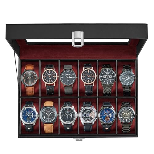 SONGMICS Watch Box, 12-Slot Watch Case Organizer with Large Glass Lid, Removable Pillows, Fathers Day Gift for Dad, Black Synthetic Leather, Wine Red Lining UJWB120R01 - color: Black + Wine Red, size: 12 Slot