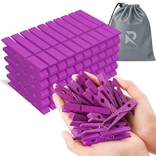 RIVEDA 50pcs Colored Wooden Clothes Pins, 2.9inch, Clothespins for Classroom, Clip Hanging Photos, DIY Clips for Crafts, Decorations (Purple) - color: Purple