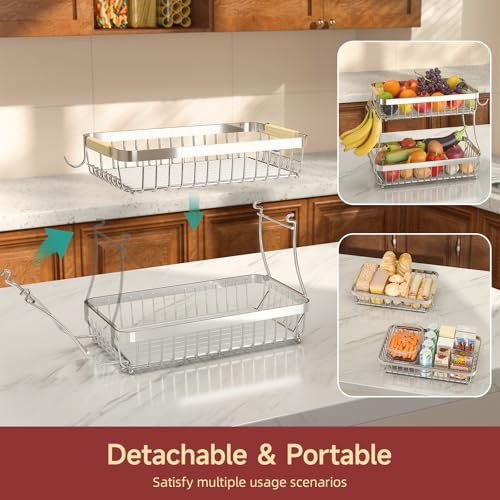 Sevenblue 2 Tier Large Fruit Basket for Kitchen Counter with 2 Mobile Banana Hangers, 2026 Pro Detachable Metal Fruit Bowl with Wooden Handle (Silver, 2 Tier) - color: Silver, size: 2 Tier Standard