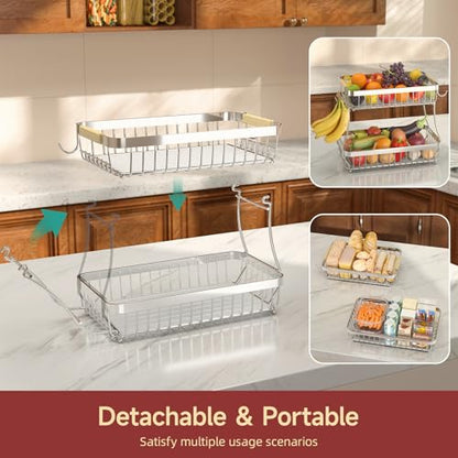 Sevenblue 2 Tier Large Fruit Basket for Kitchen Counter with 2 Mobile Banana Hangers, 2026 Pro Detachable Metal Fruit Bowl with Wooden Handle (Silver, 2 Tier) - color: Silver, size: 2 Tier Standard