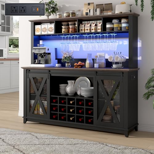 63"Wide 58"H Farmhouse Coffee Bar Cabinet with Power Outlet and LED Light,Wine Bar Cabinet w/ 4 Storage Hutch,Kitchen Buffet Cabinet with 15 Wine and Glass Racks for Kitchen Dining Room(Black) - color: Black, size: 63 in