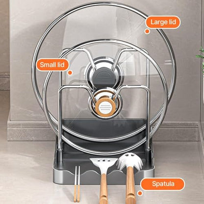 Pot Lid Rack, Cutting Board & Utensil Holder White | Space-saving rust-proof steel storage holds lids, boards, spoons and chopsticks