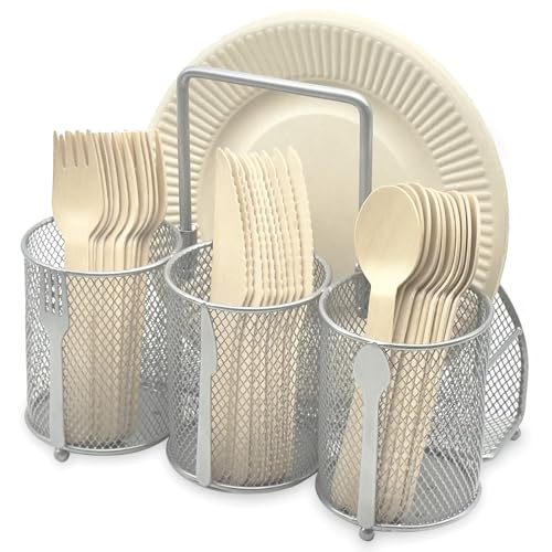 DysanVica Utensil Caddy Silverware Holder - 4 Compartment Metal Mesh Cutlery Fork Spoon Napkin Plate Organizer Flatware Storage Basket Party Kitchen Countertop Buffet Picnic Camping Outdoor BBQ Silver - color: Silver