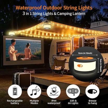 TOHETO Camping String Lights, 3 in 1 Upgraded Retractable RGB Outdoor String Lights with 19 Lighting Modes,Quick 30s Recovery, 32.8 FT Portable Tent Lights, Rechargeable Camping Lantern (Black&Orange) - style: Black&Orange
