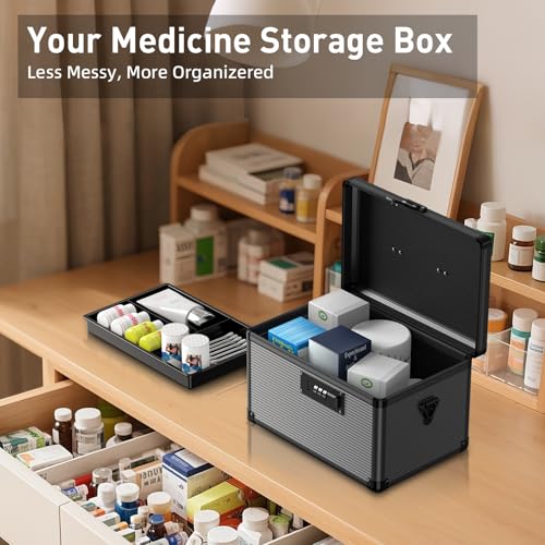 Medicine Lock Box with Code, Medication Lock Box with Removable Tray & Pocket Bag, Portable First Aid Box for Home&Travel, 12 * 7.7 * 7.9 Inch (Black) - size: Medium-12inch