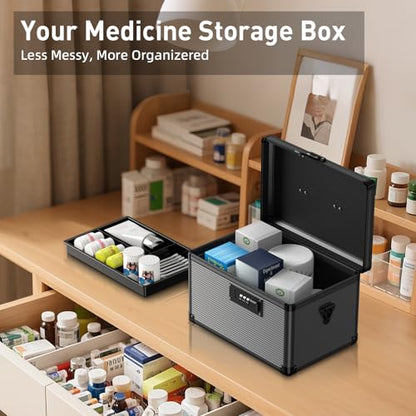 Medicine Lock Box with Code, Medication Lock Box with Removable Tray & Pocket Bag, Portable First Aid Box for Home&Travel, 12 * 7.7 * 7.9 Inch (Black) - size: Medium-12inch