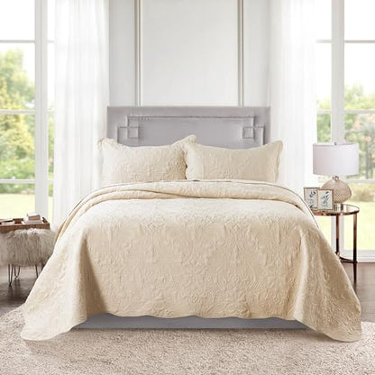 HoneiLife Quilt Set Queen Size - 3 Piece Embroidered Microfiber Bedspread Reversible Coverlet Lightweight Bedcover Paisley Pattern Bedding Set All Season Quilts-Khaki - color: Khaki, size: Queen/Full-90"x96"