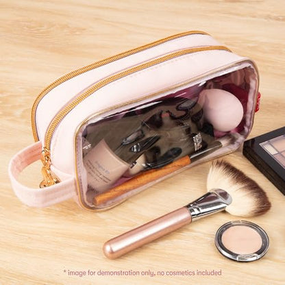 ZIPIT: Travel Makeup Bag - Soft Shell, Large Zipper Cosmetic Case, 3 Compartments, Toiletry Storage Organizer, Clear Window, Brush Slots - color: Pink