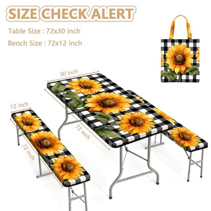 Picnic Table Cover with Bench Covers Elastic Edges, Outdoor Patio Camping Essentials 72 Inch 3PCS, Waterproof Camping Fitted Tablecloth with Handbags (Sunflower buffalo plaid) - color: Black checkered sunflowers, size: 72" x 30" (Rectangular)