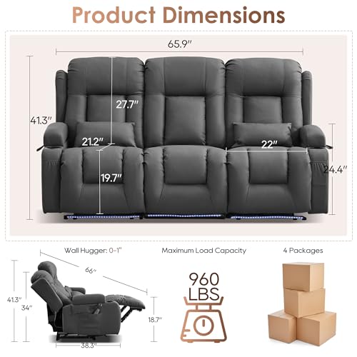 TUNYI Power Loveseat Recliner Sofa with Massage & Heat Home Theater Seating with Console RV Recliner Loveseat Sofa with USB/Storage/Side Pocket/LED Light/Speaker (Dark Grey, 3 Seat) - color: Dark Grey, size: 3 Seat